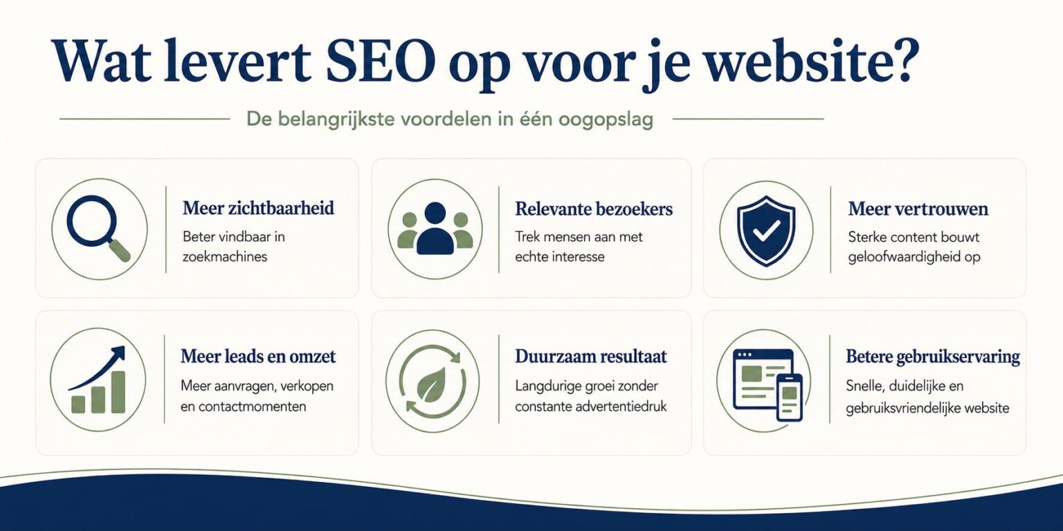 Wat levert SEO op voor je website - infographic met voordelen van zoekmachineoptimalisatie voor organisch verkeer en groei